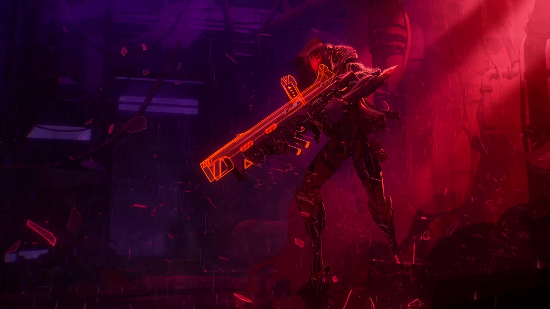 3D《英雄聯盟》歌曲封面 壁紙 — 一個生化戰士在 dystopian 廢墟中，於破碎玻璃和霓虹紅光中揮舞著發光的橙色武器。