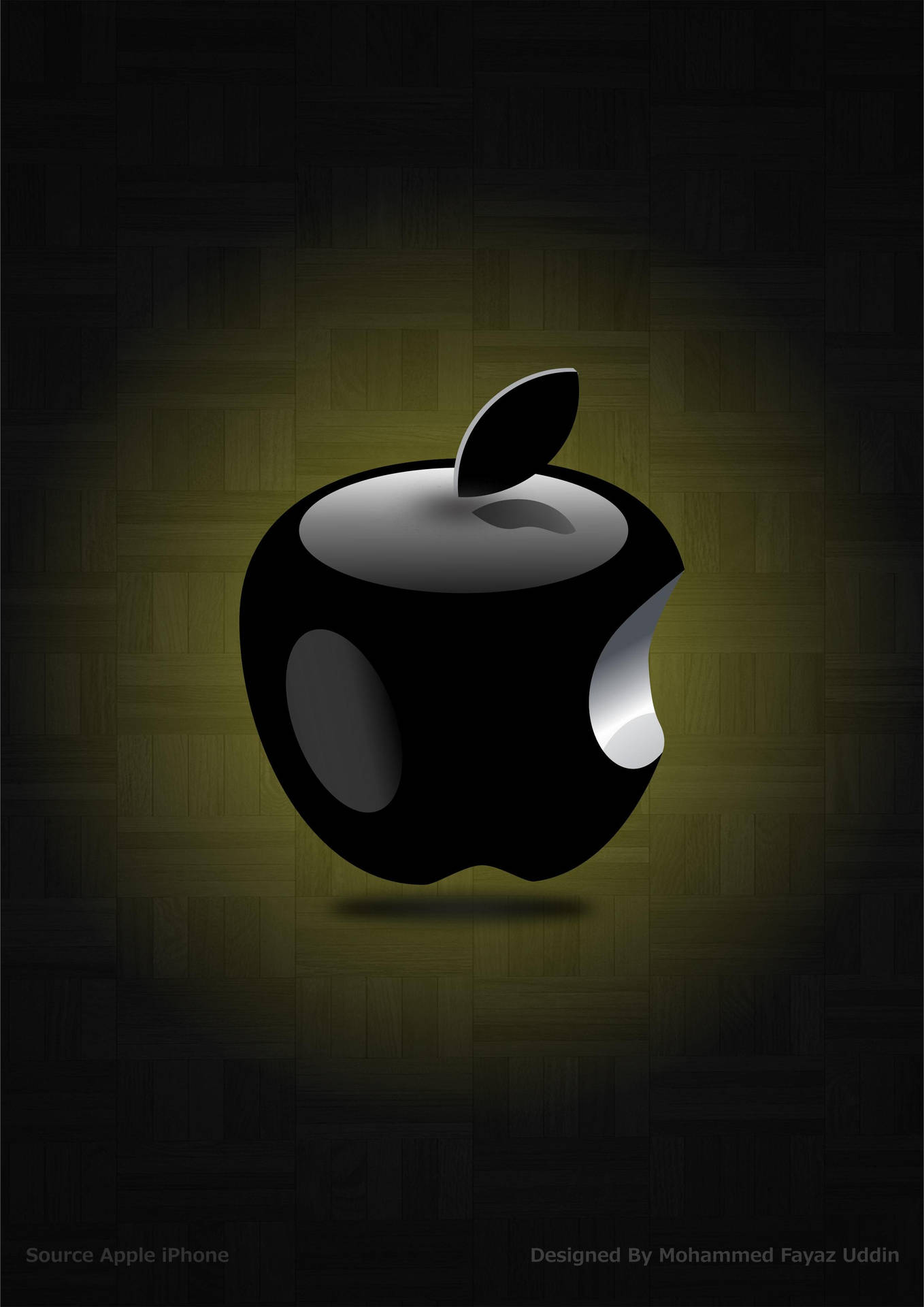 帶有咬痕的光澤黑色Apple標誌在深色木質背景上被照亮。
