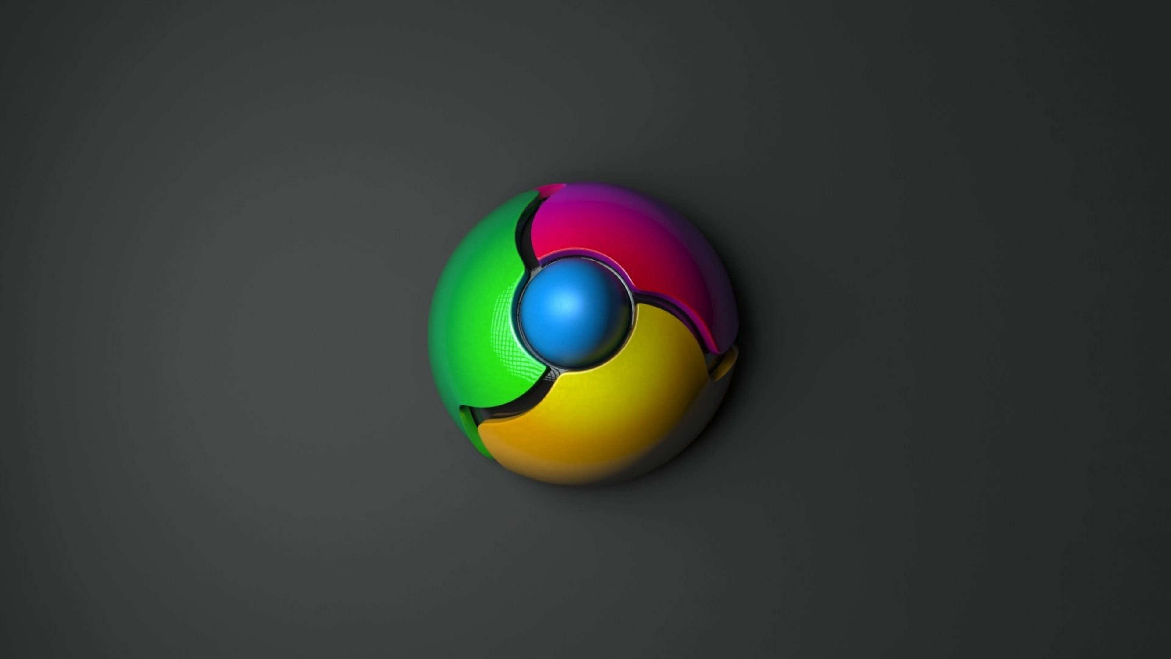 3D 谷歌 Chrome 圖標 壁紙 — 一個帶有鮮豔綠色、粉紅色、黃色和藍色部分的光澤鉻合金標誌，居中放置在深灰色漸變背景上。