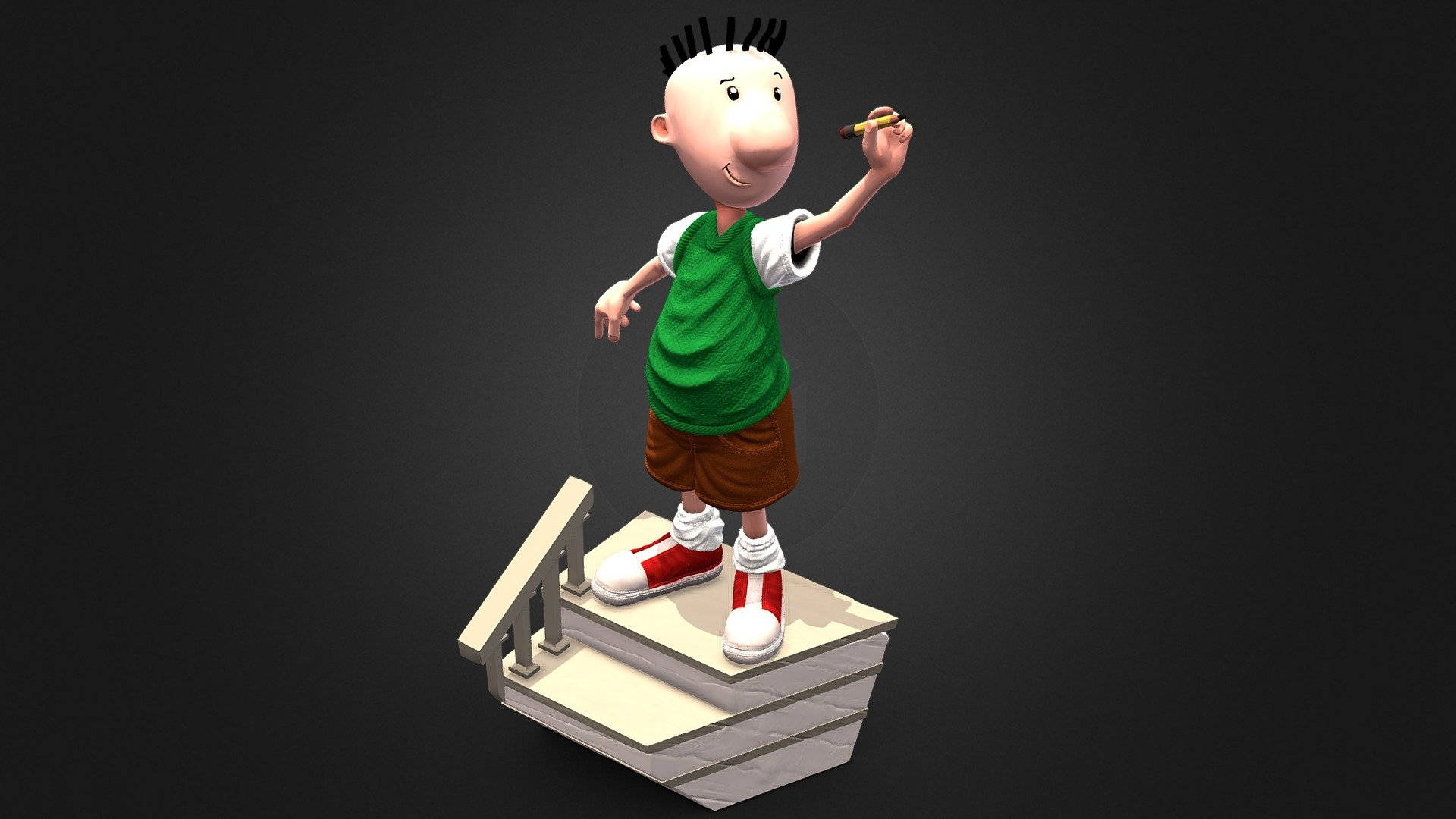 3D 道格站在樓梯上 壁紙 — 一個卡通男孩，頭髮尖尖，站在一堆書上，在黑暗背景中拿著鉛筆。