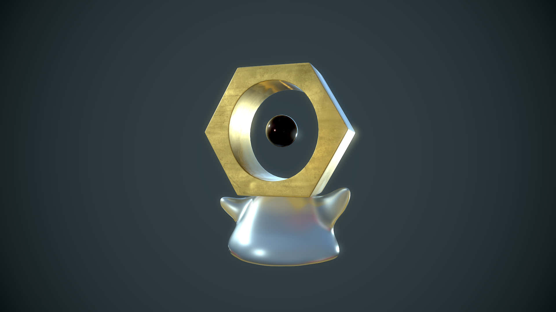 3D 閃亮 Meltan 壁紙 — 一個時尚的金色六角形戒指，帶有黑色中心，放置在銀色抽象底座上，背景為深色漸變。