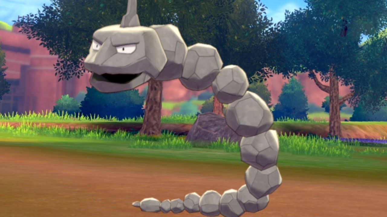 3D 風格 Onix 圖像 壁紙 — 一隻像素化的岩石蛇寶可夢帶著不高興的表情，蜿蜒穿過充滿活力的森林空地。