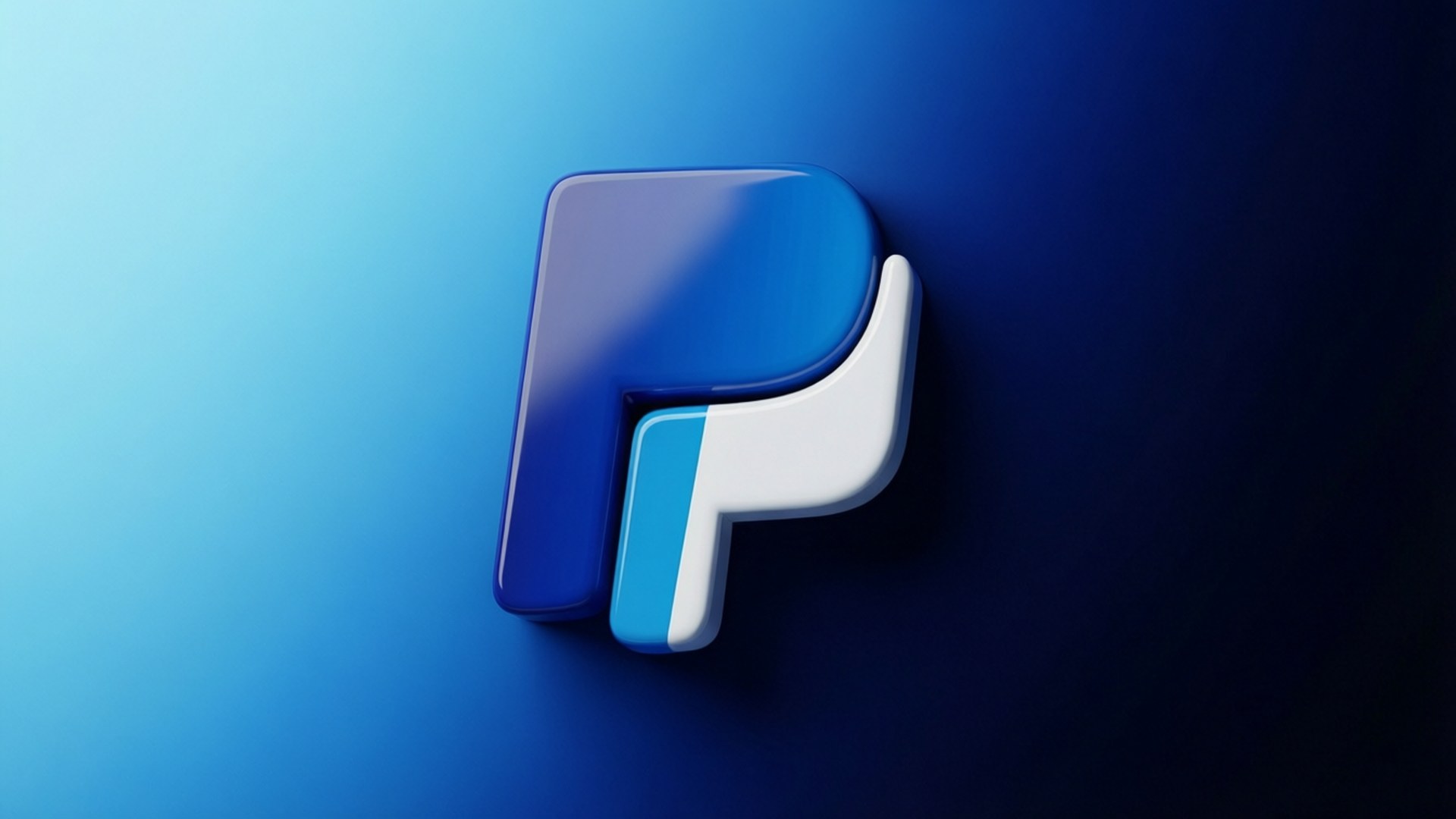 3D 高光 PayPal 按鈕 壁紙 — 一個藍白相間的光澤3D字母p標誌在漸變藍色背景上脫穎而出。