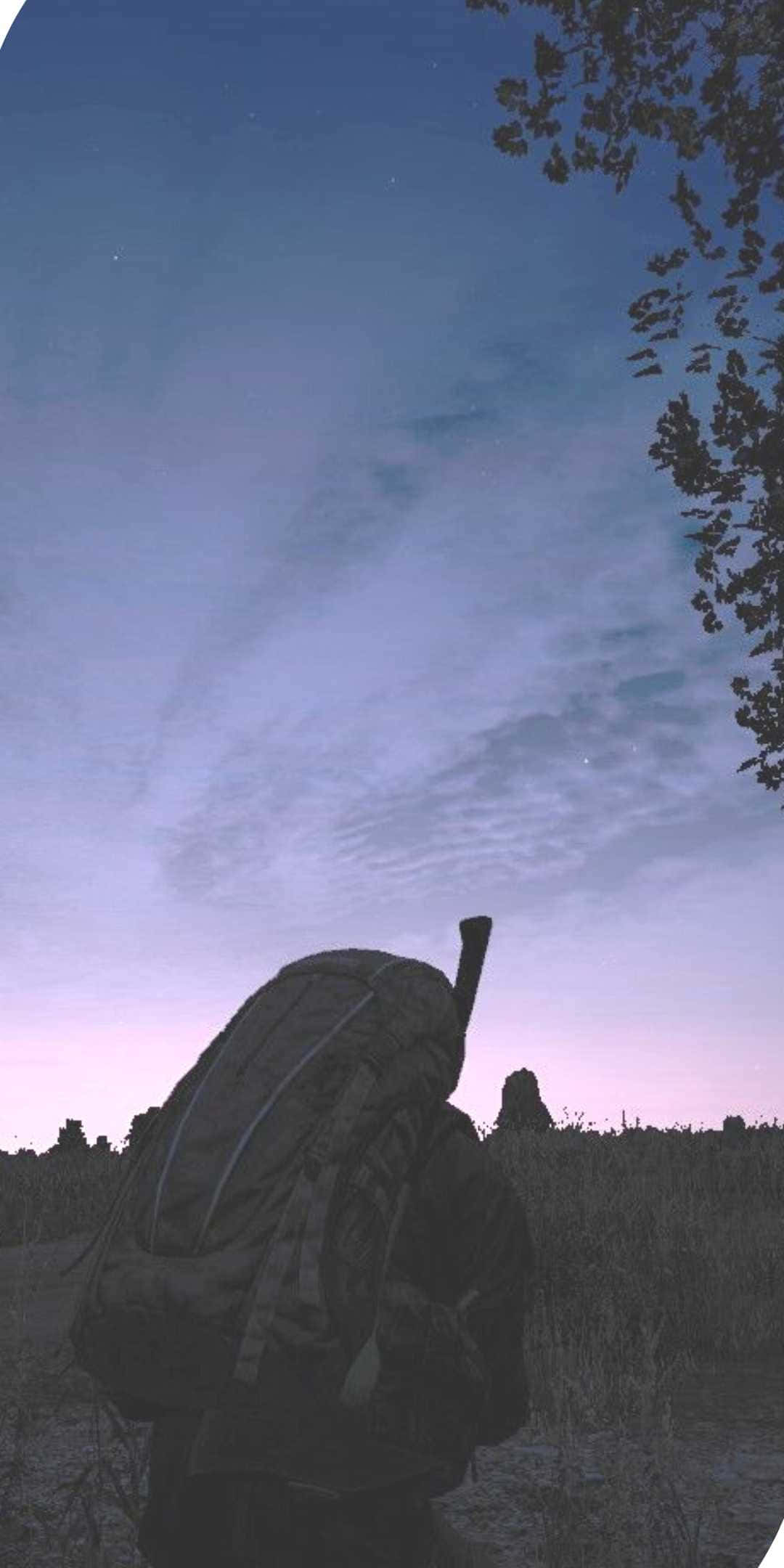 像素3《DayZ Epoch Mod》草原背景 壁紙 — 一個孤獨的揹著大背包的遠足者，站在暮色草地上，頭上是樹枝框住的星空紫色天空。