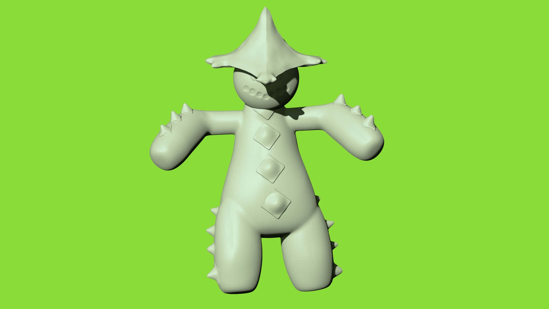 單色3D全體Cacturne 壁紙 — 一個白色3D渲染的生物，戴著尖帽子和有刺的四肢，站在明亮的綠色背景前。