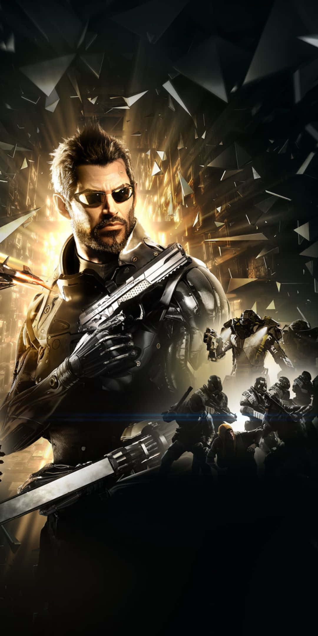 像素3《Deus Ex：人類分裂》背景角色 壁紙 — 一名身穿戰術裝備的粗獷士兵，在破碎玻璃背景下手持步槍，身後有閃爍的金色光芒。