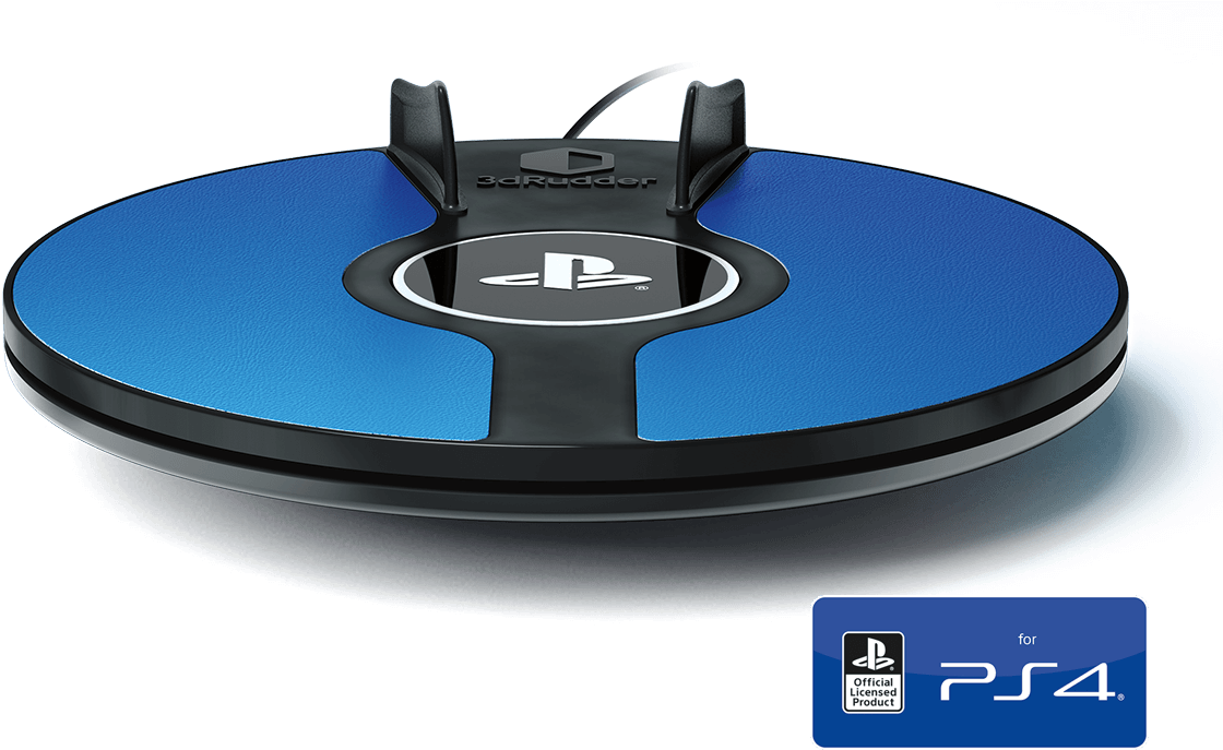 3dRudder PS4 遊戲控制器配件 壁紙 — 一款時尚的藍黑 PlayStation 3D Rudder PS4 周邊設備，在黑暗背景上顯示帶有發光藍色動態效果。