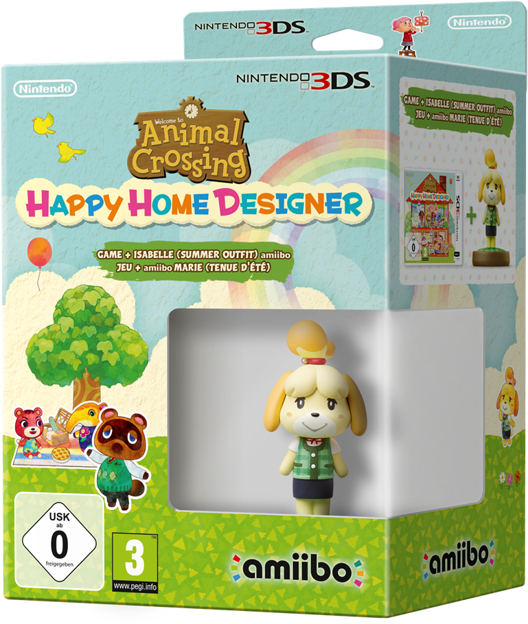 動物森友會：快樂家屋設計師 3DS 遊戲盒 壁紙 — 色彩繽紛的Nintendo 3DS遊戲盒，用於《動物森友會 快樂家設計師》， featuring 夏季服裝的Isabelle和amiibo公仔。