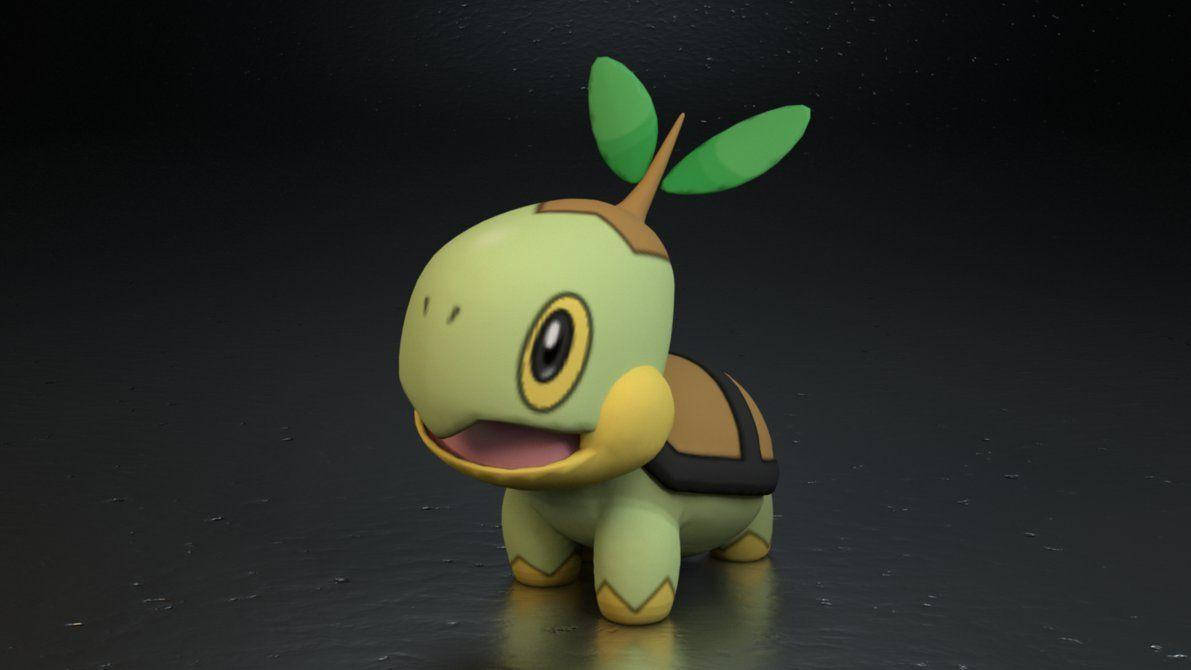 3D渲染Turtwig 壁紙 — 一隻快樂的卡通烏龜寶可夢，有綠色龜殼和葉子嫩芽，站在深色反光表面上。