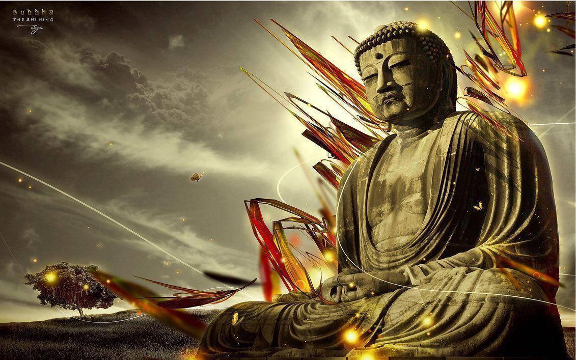暴風雨天空下，帶有發光金色翅膀和粒子的石佛像