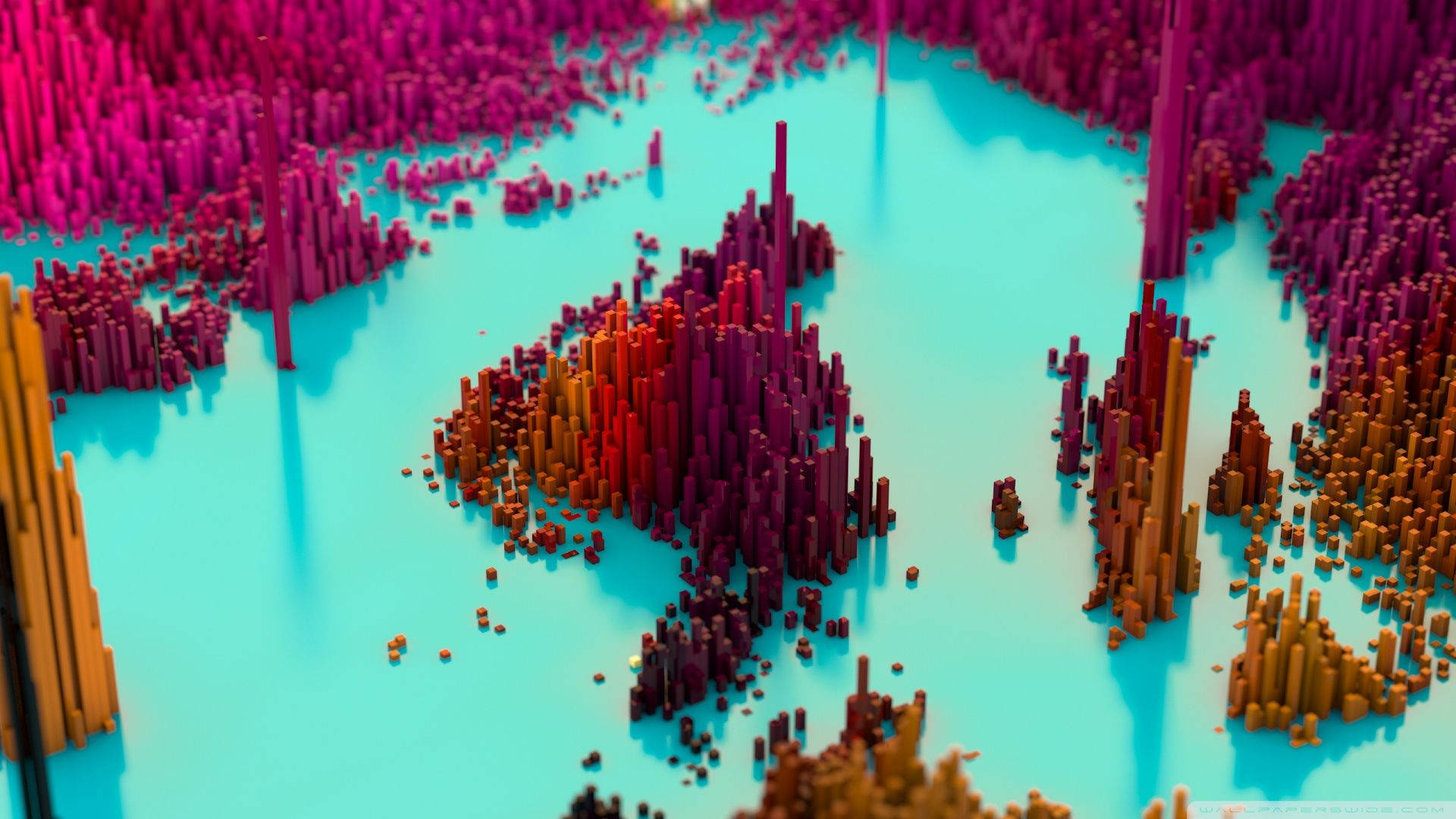 3D像素多彩風景 壁紙 — 充滿活力的抽象景觀，洋紅色和橙色的像素化尖塔從發光的青色表面升起。