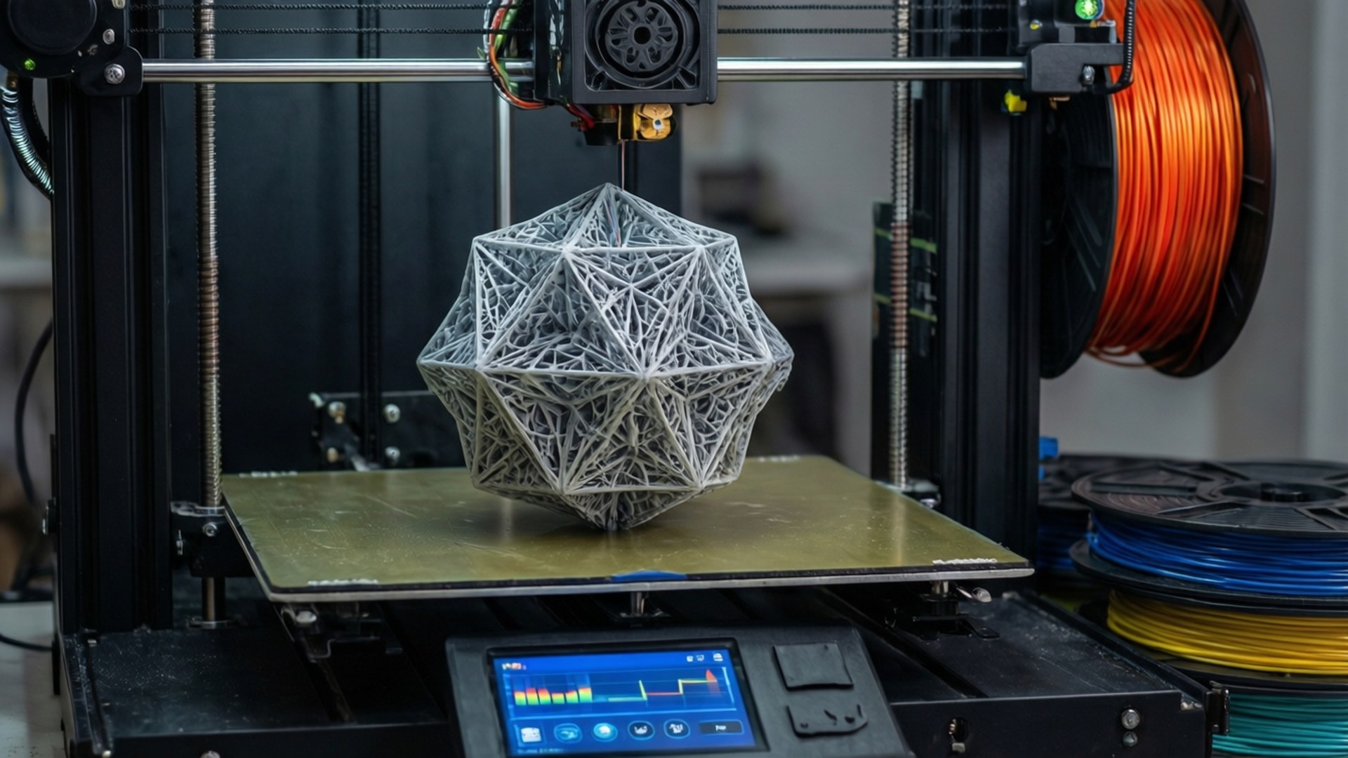 3D打印機正在創建一個幾何網格物體，附近有橙色和藍色的線材捲軸