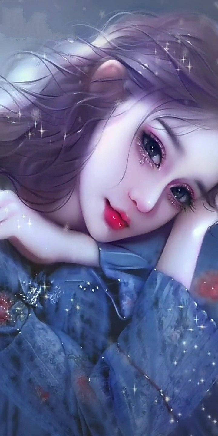 擁有紫色頭髮和紅唇的動漫女孩將頭靠在手臂上休息。