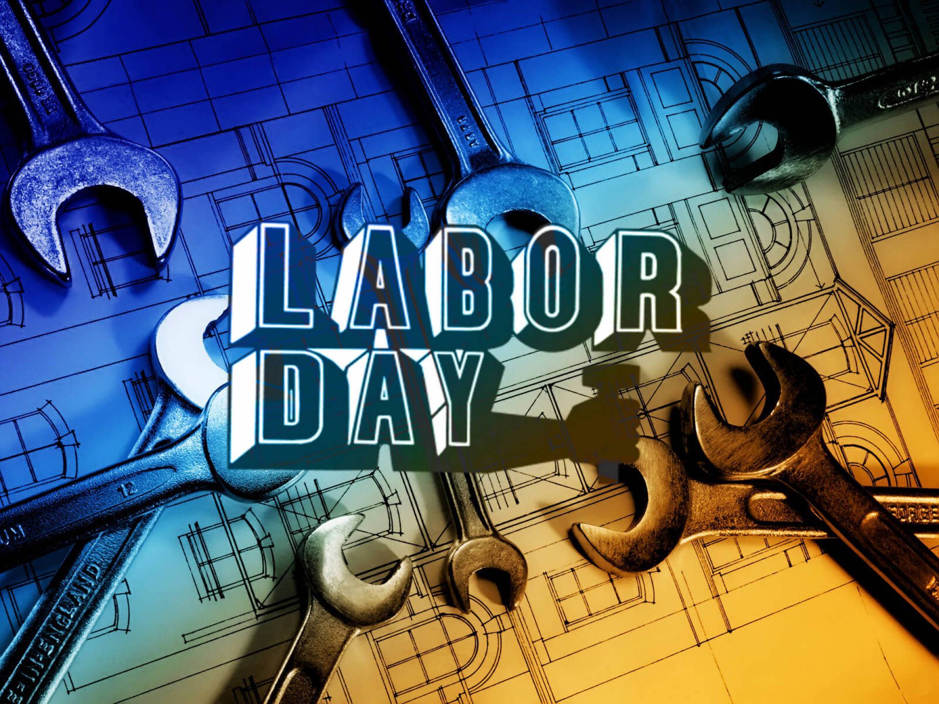 Labor Day 文字被扳手環繞，位於帶有藍色和金色漸變的藍圖紙上。