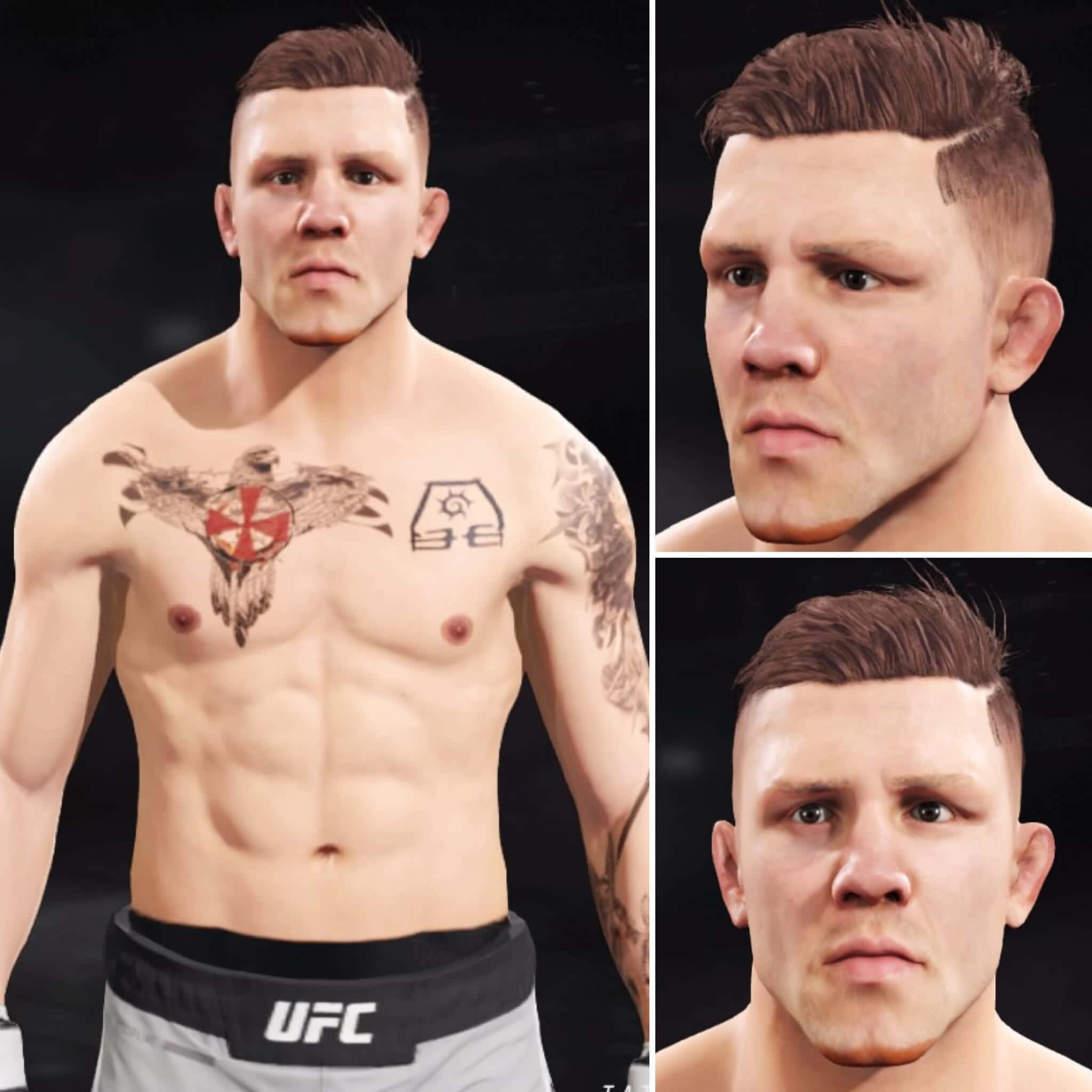 3D吉米·克魯特手機壁紙 壁紙 — 一名肌肉發達的UFC拳手，胸口和手臂上有紋身，以全身和兩個頭部特寫鏡頭展示。