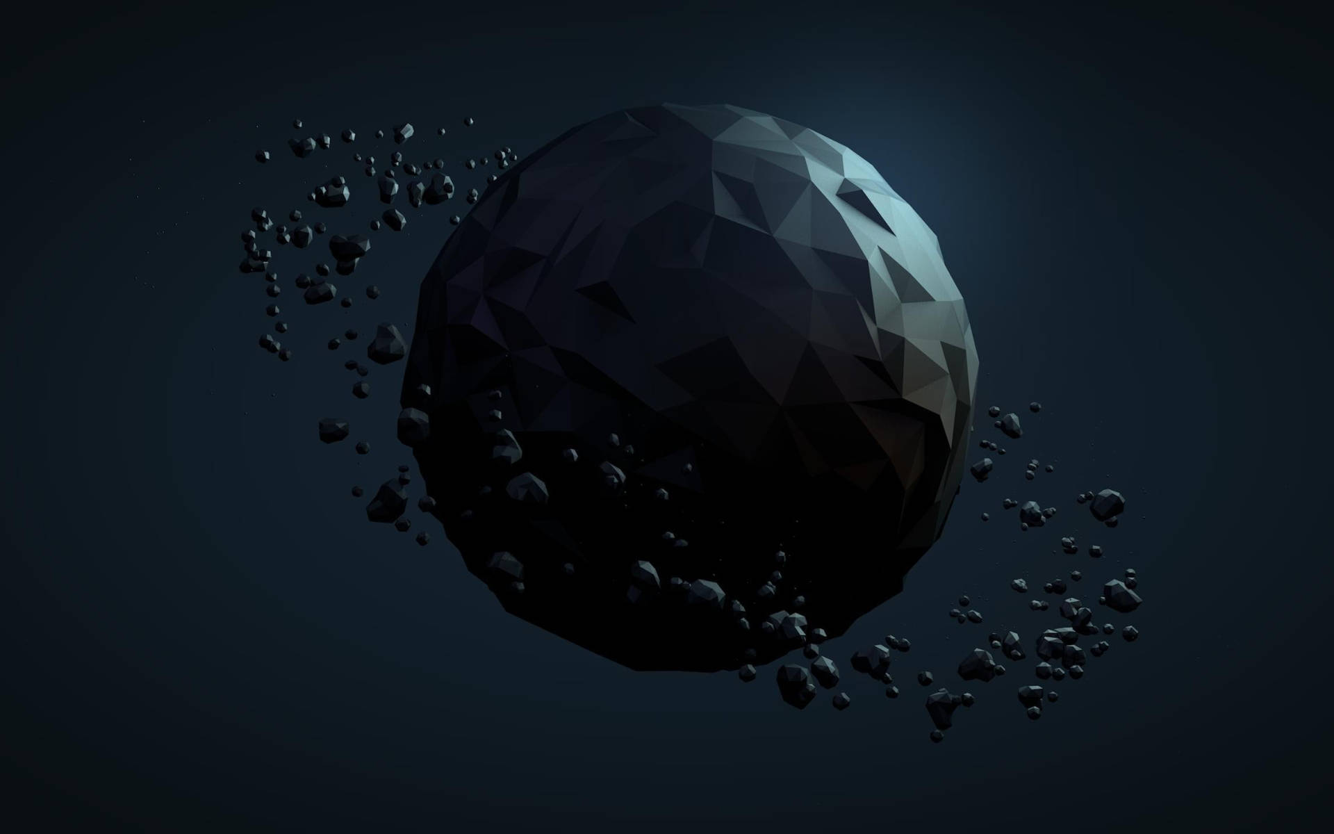 3D多邊形黑行星 壁紙 — 一顆低多邊形黑色小行星，帶有銳利切面，在黑暗漸變太空背景中繞著較小的碎片運行。
