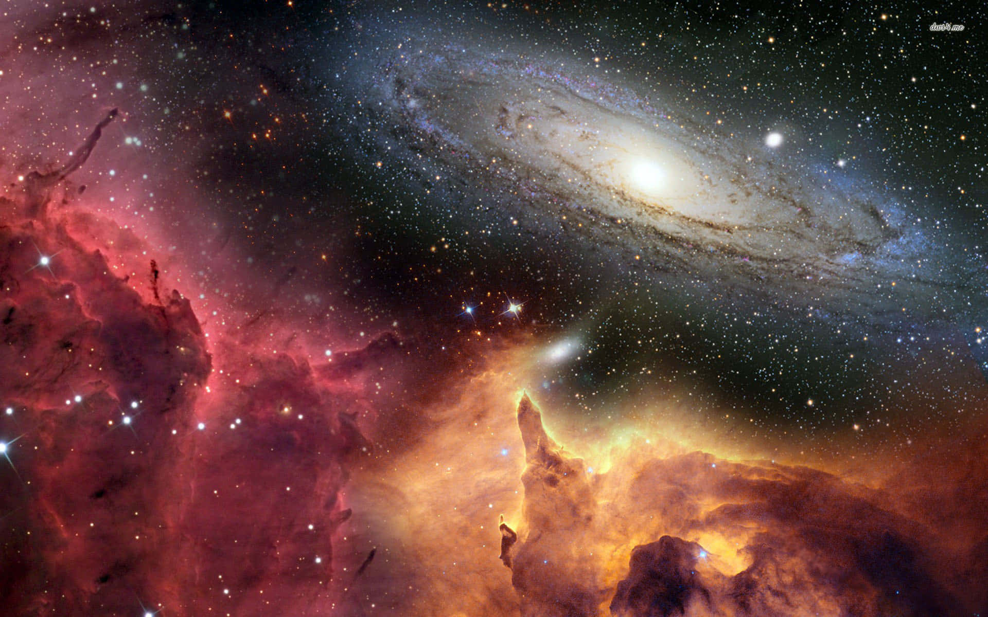 充滿活力的宇宙場景，螺旋星系和發光的星雲充滿星星。