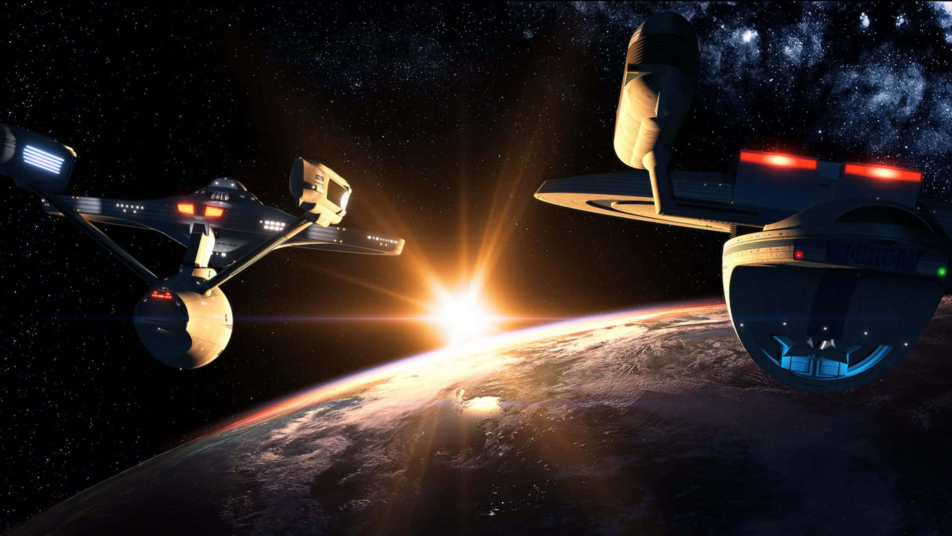 兩艘未來風格的星際飛船在明亮的日出期間繞著一顆行星運行。