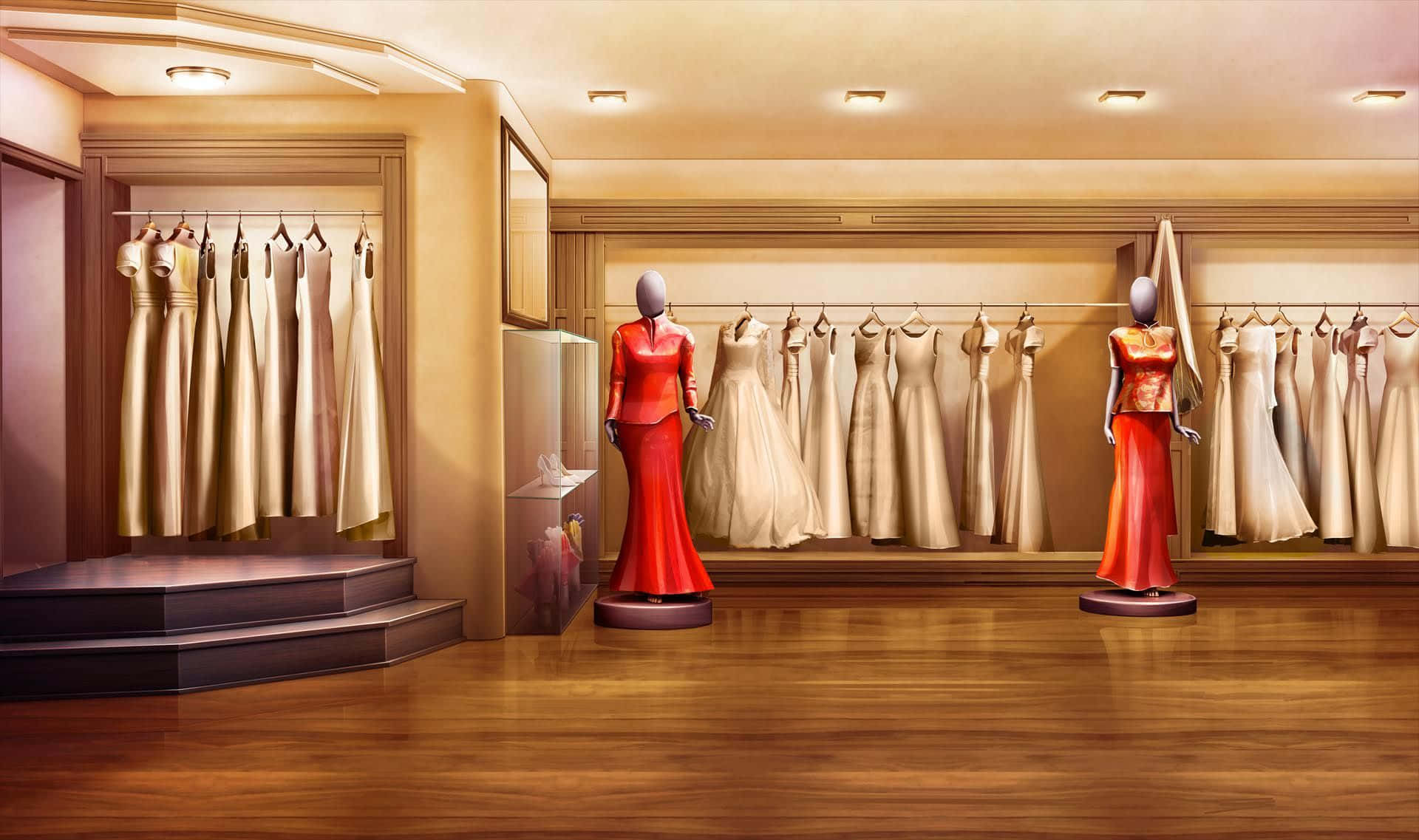 3D奢華服裝店圖片 壁紙 — 一間燈光溫暖的精品店，在木地板上展示掛在衣架上的優雅白色連衣裙，以及兩個穿著搶眼紅色連衣裙的人體模型。