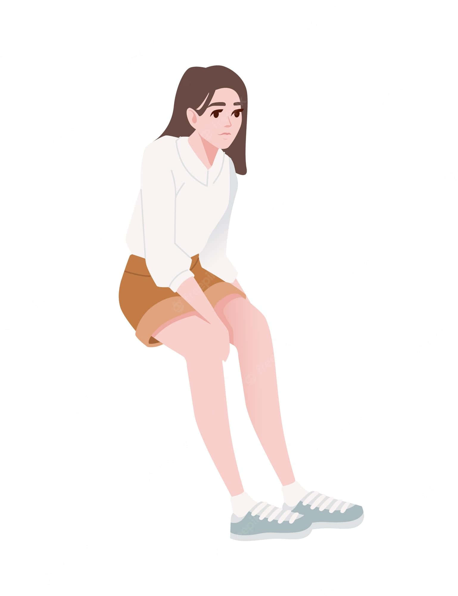 3D女孩坐姿圖 壁紙 — 一位身穿白色襯衫和棕色短褲的年輕女性，在純白色背景前盤腿而坐，表情沉思。