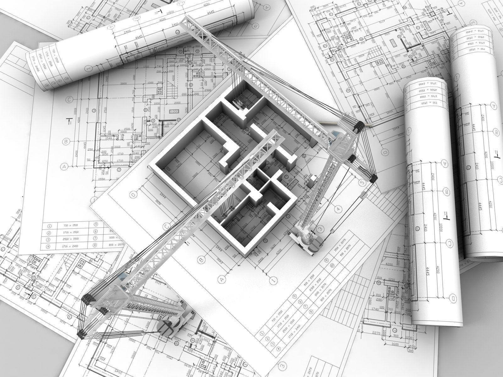 建築藍圖上面有一個3D起重機模型。