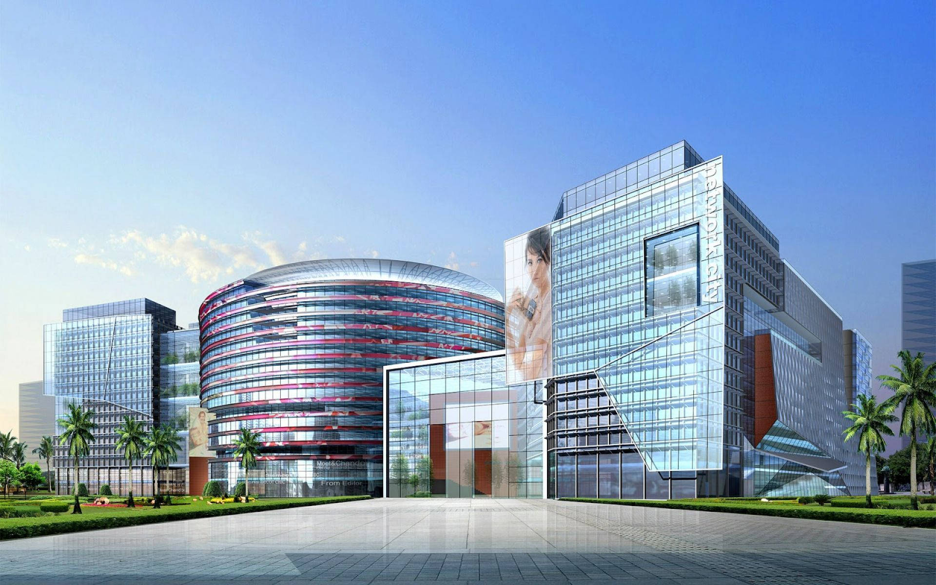 3D建築設計商場 壁紙 — 現代玻璃摩天大樓採用曲線和棱角設計，在晴朗的藍天下，棕櫚樹排列在廣場上。