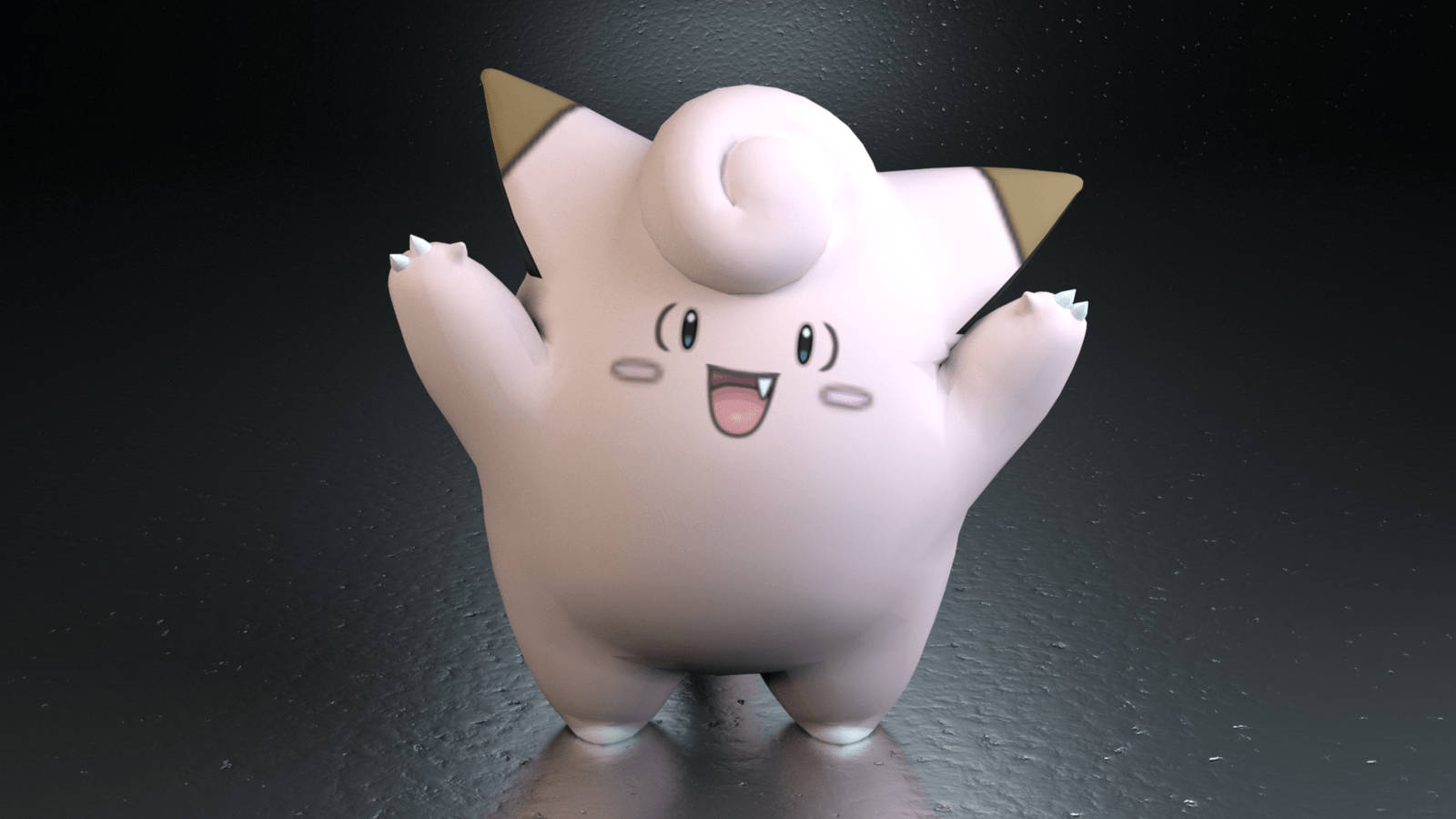 3D微笑的Clefairy 壁紙 — 一隻快樂的粉紅色卡通生物，長著金色耳朵和螺旋尾巴，愉快地站在深色紋理表面上。