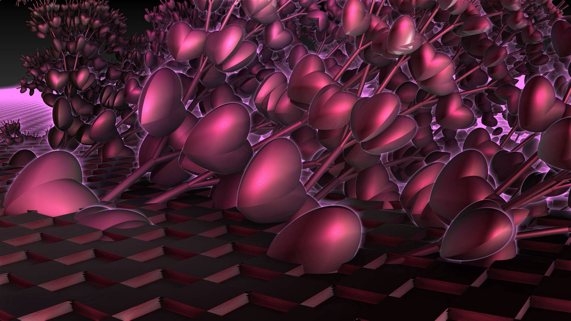 抽象3D渲染場景，棋盤格地板上發光的洋紅色心形。