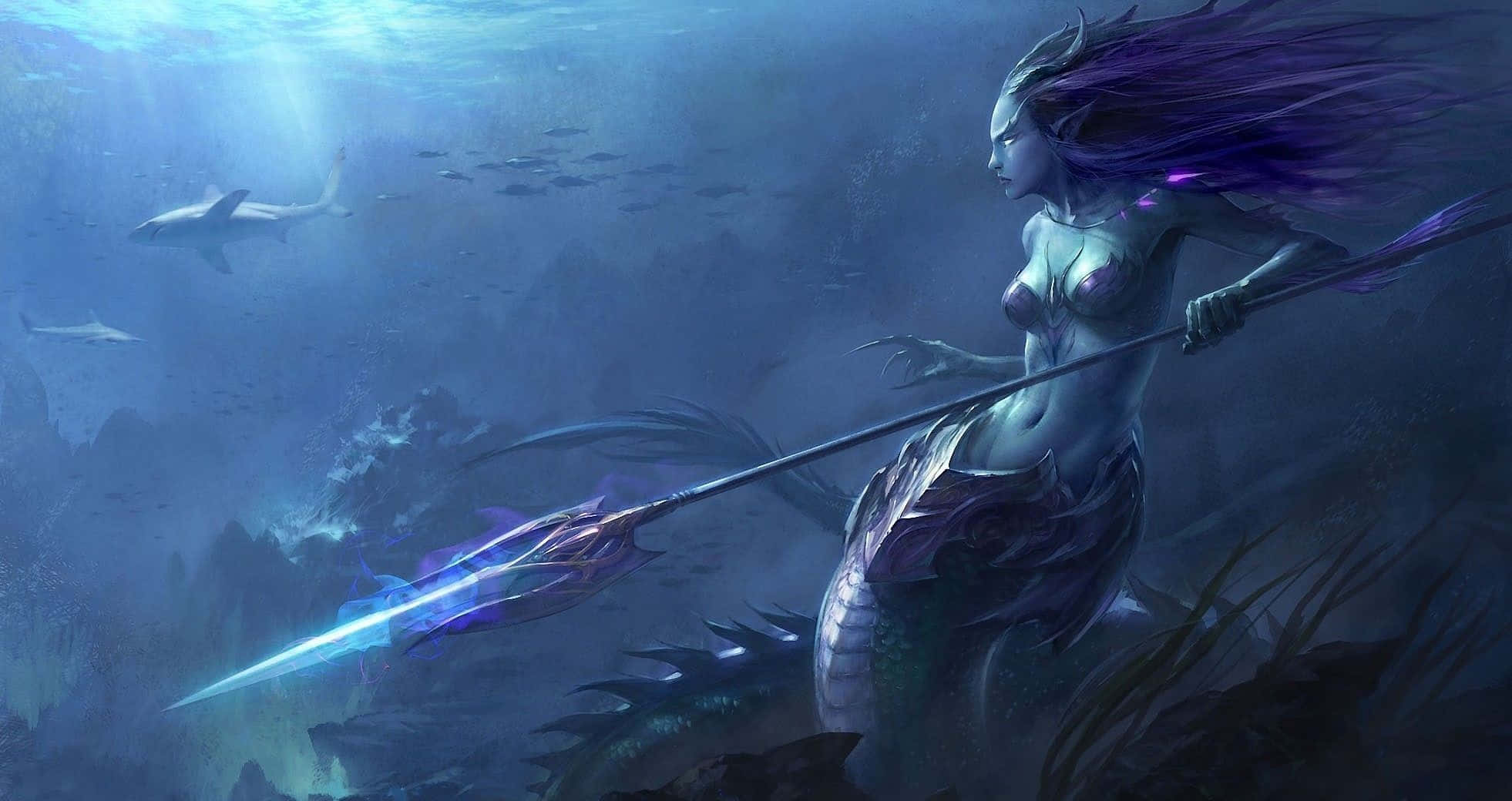 一位紫色頭髮的戰士美人魚，在鯊魚附近的水下握著發光的長矛。