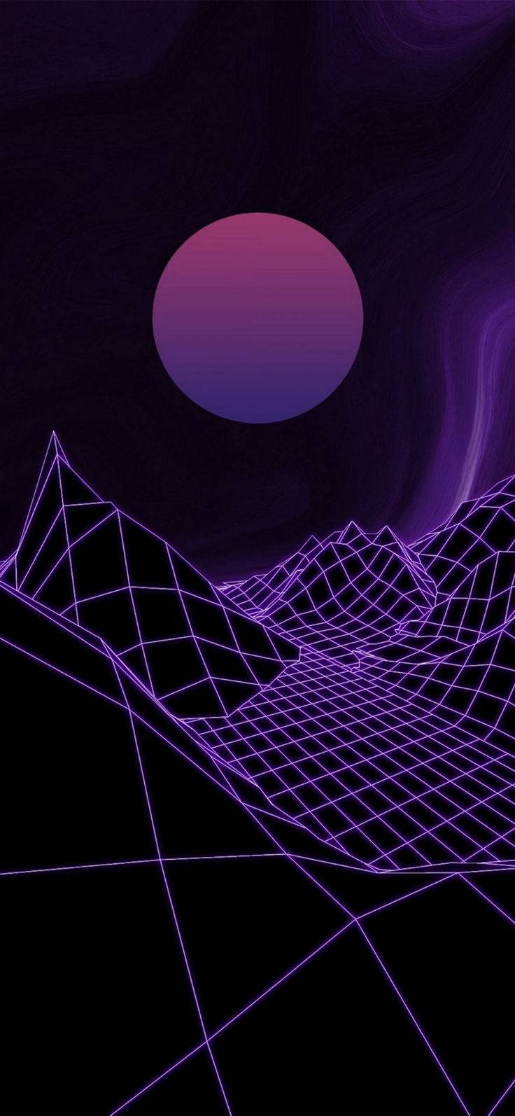 發光月亮下的紫色網格山脈，數位夜景。