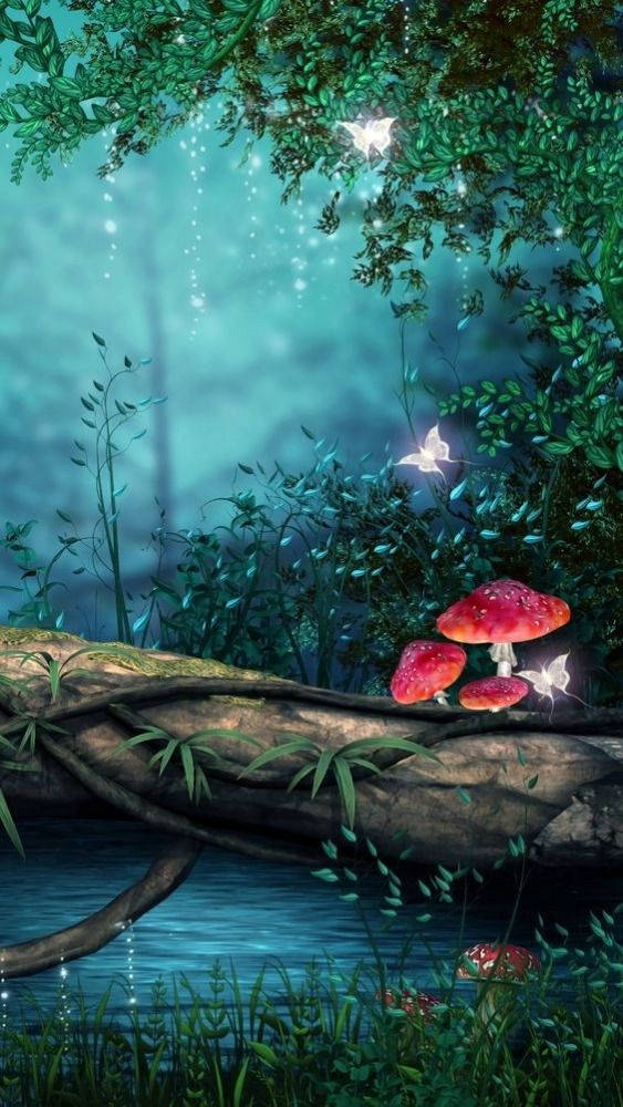 神秘森林場景，水邊有發光的紅色蘑菇和漂浮的精靈。