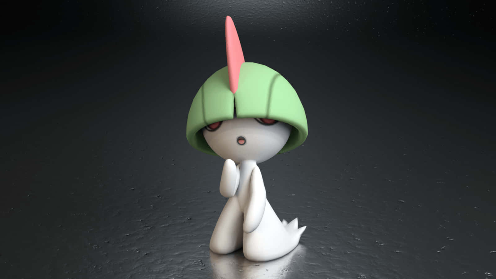 3D拉爾茨立於光澤地面 壁紙 — 一個可愛的白色動漫風格生物，戴著綠色頭盔和粉紅色角，跪在深色紋理地板上。