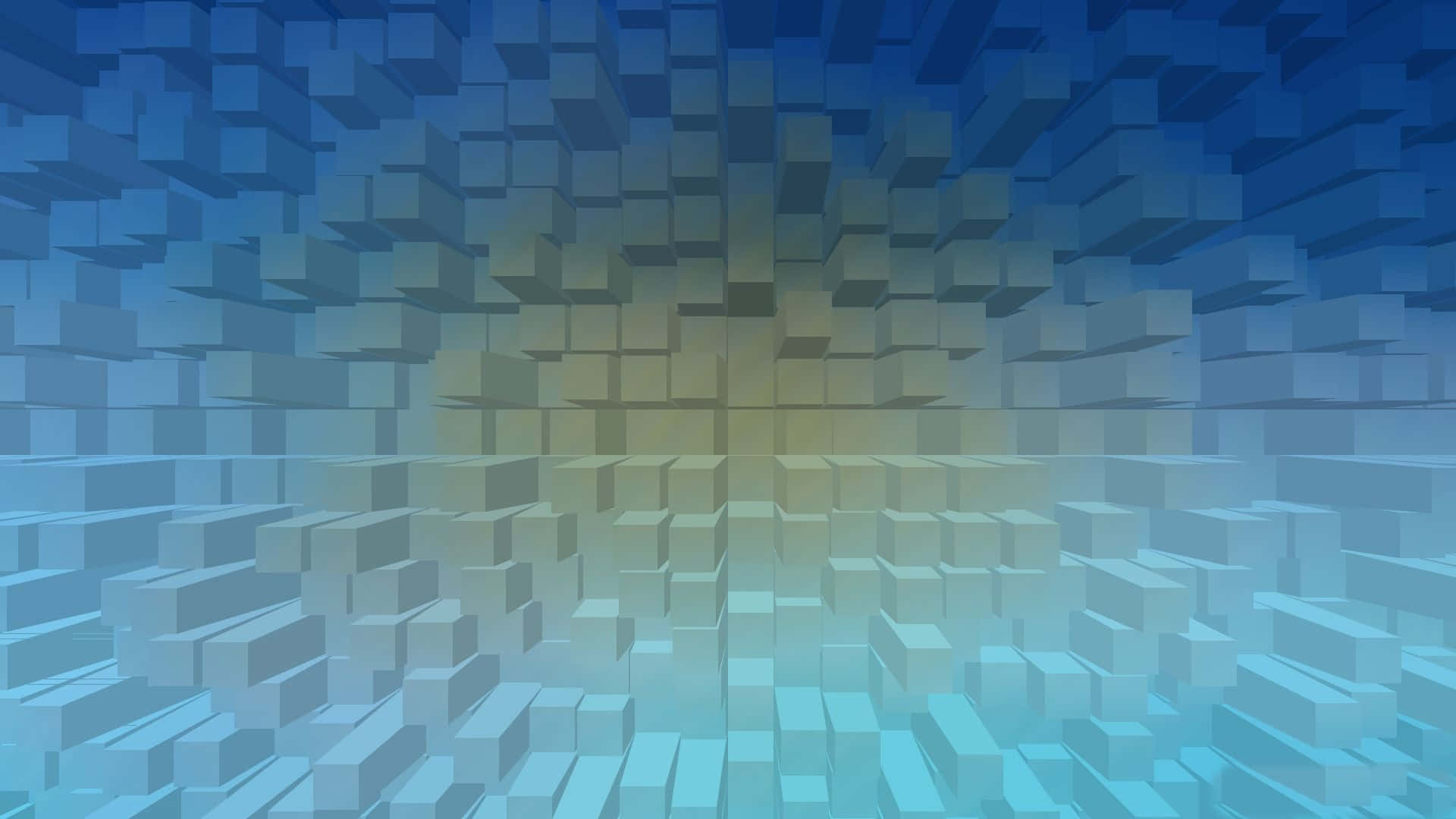 3D方塊藍色漸層背景 壁紙 — 一個數碼抽象場景，浮動立方體從中央溫暖光芒向外輻射，背景為冷藍色漸變。