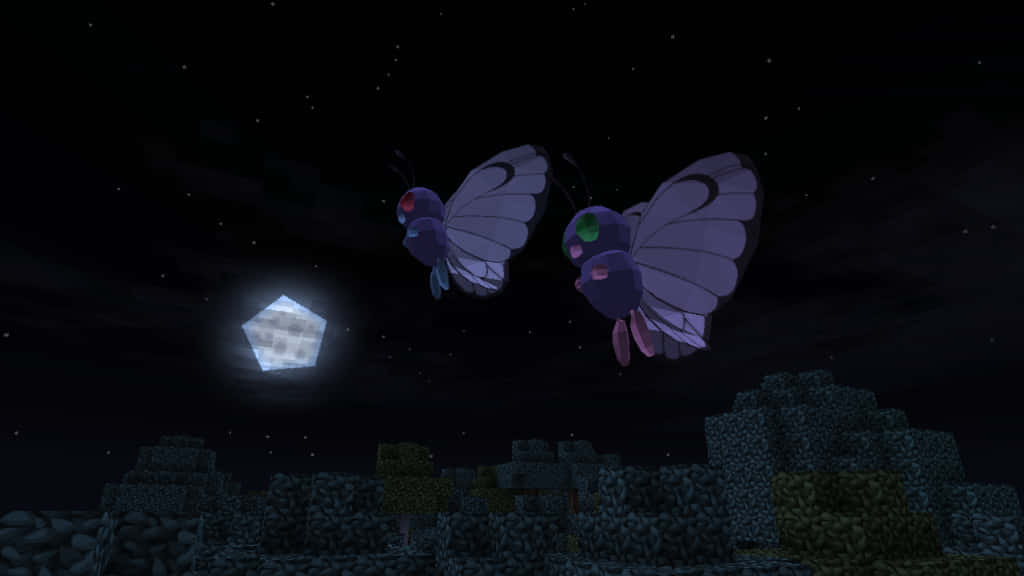 兩隻發光的紫色蝴蝶喺一個Minecraft夜晚場景中飛近一個鑽石方塊。