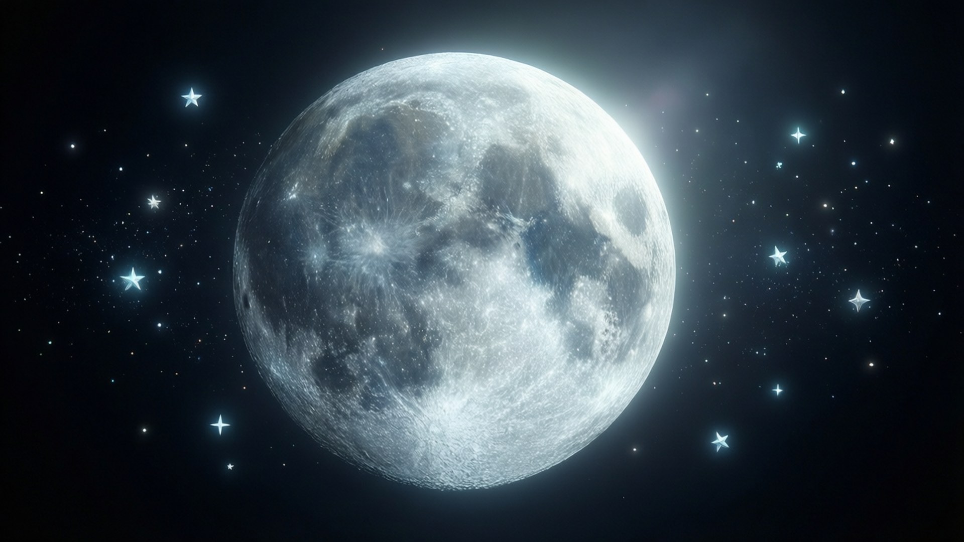 滿月在繁星點點的夜空中閃耀，伴有藍色星星