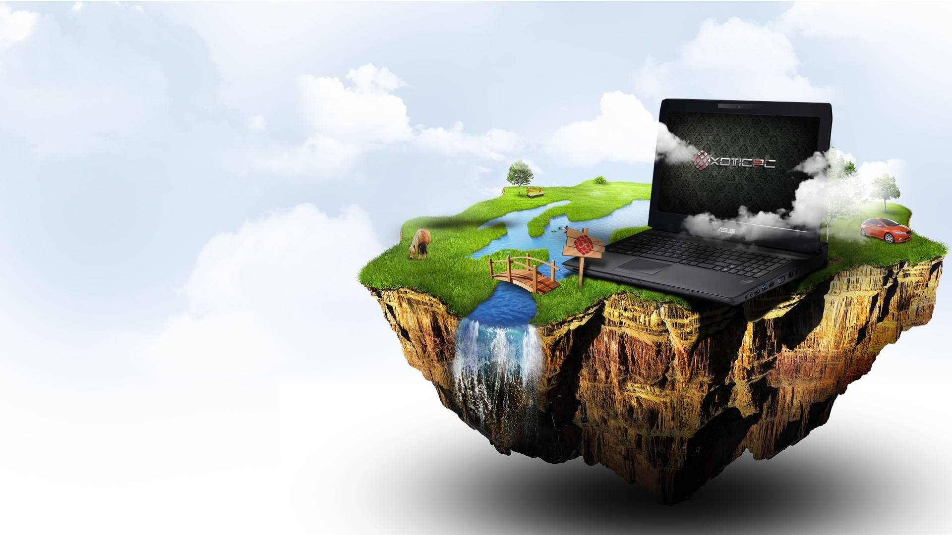 3D桌面社區 壁紙 — 一個浮島中央有一部手提電腦，顯示一個數位世界，有瀑布橋、汽車和樹木，天空多雲。