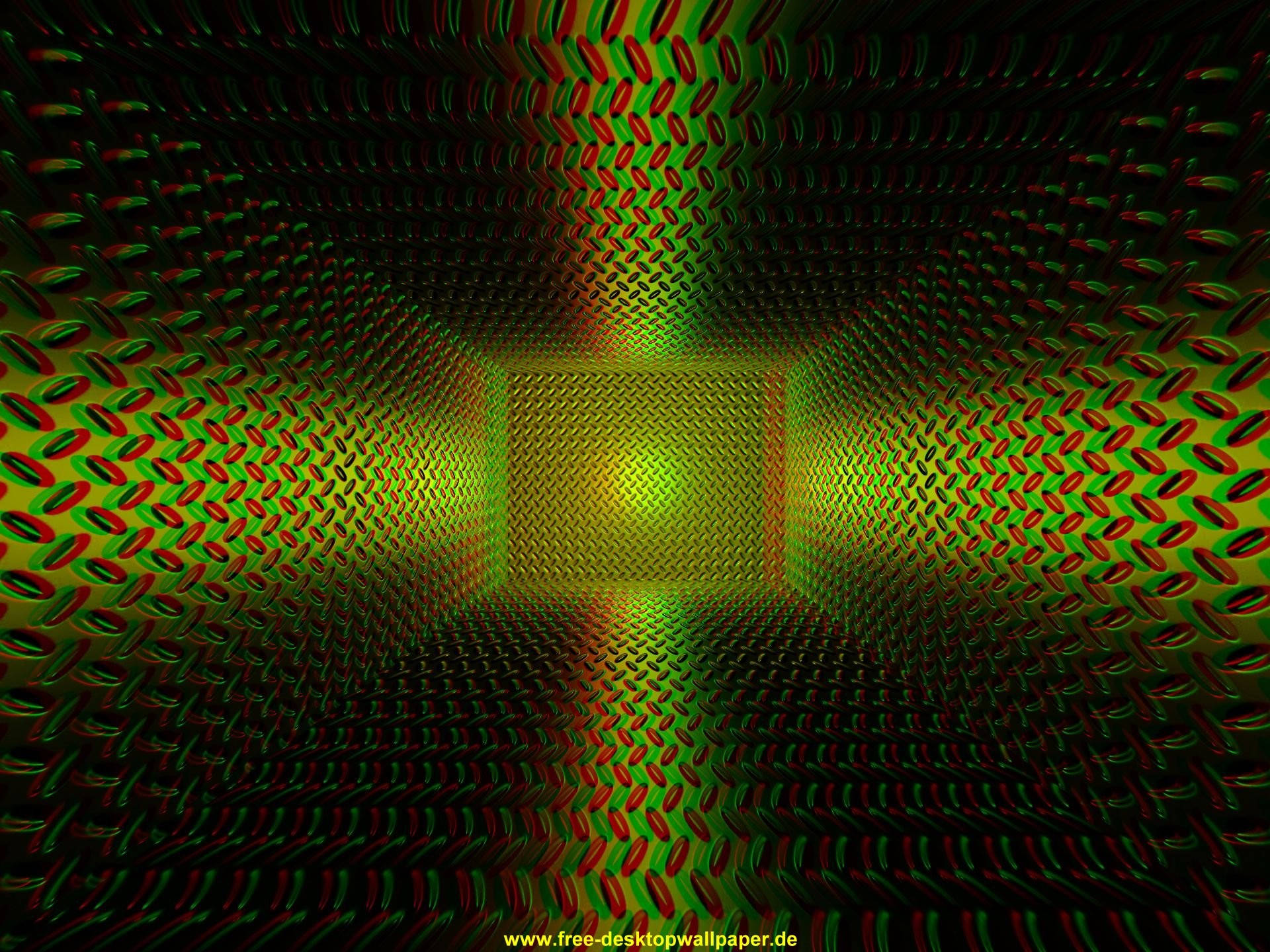 3D桌面視覺錯覺 壁紙 — 一個迷人的數碼隧道，由重複的綠色和紅色橢圓圖案匯聚到一個發光的黃色中心。