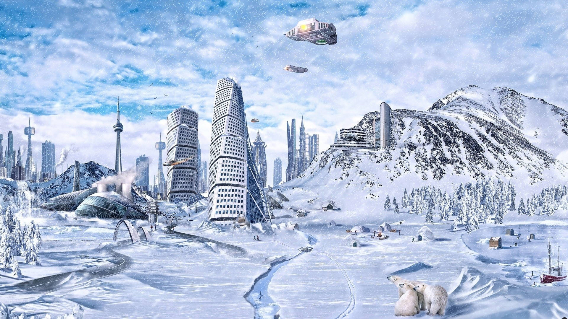 3D桌面雪景城市 壁紙 — 一個未來主義的雪覆蓋城市景觀，高聳的摩天大樓和飛行車輛坐落在冰山和北極熊之間的前景。