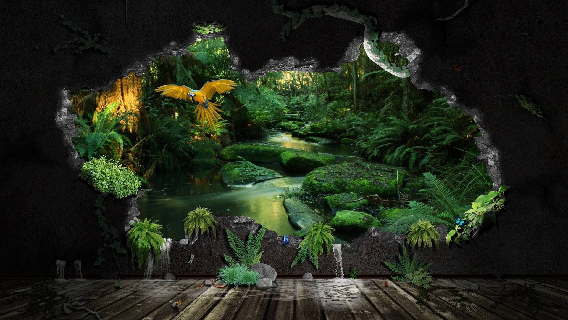 3D森林壁畫 壁紙 — 一個充滿活力的叢林場景穿過黑暗的洞穴牆壁，露出一條發光的溪流和一隻飛翔的金剛鸚鵡。