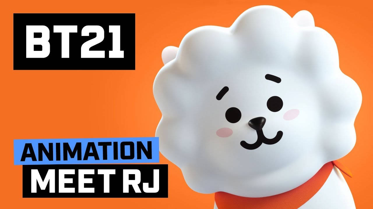 BT21角色戴紅色圍巾在橙色背景上微笑並有文字