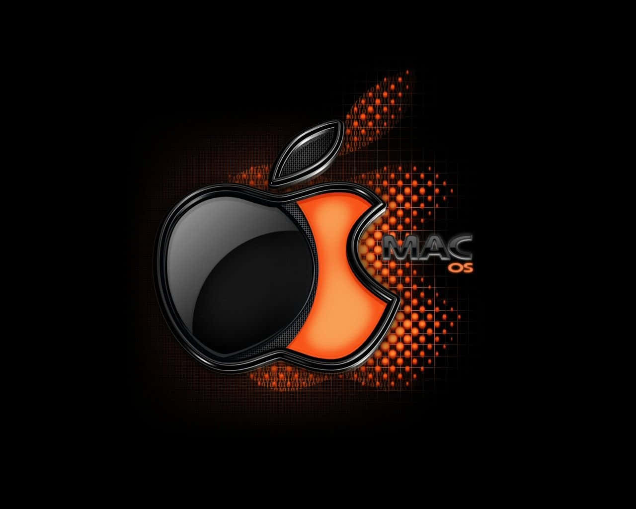 亮面Apple標誌，帶有橙色光芒和MAC OS文字，深色背景