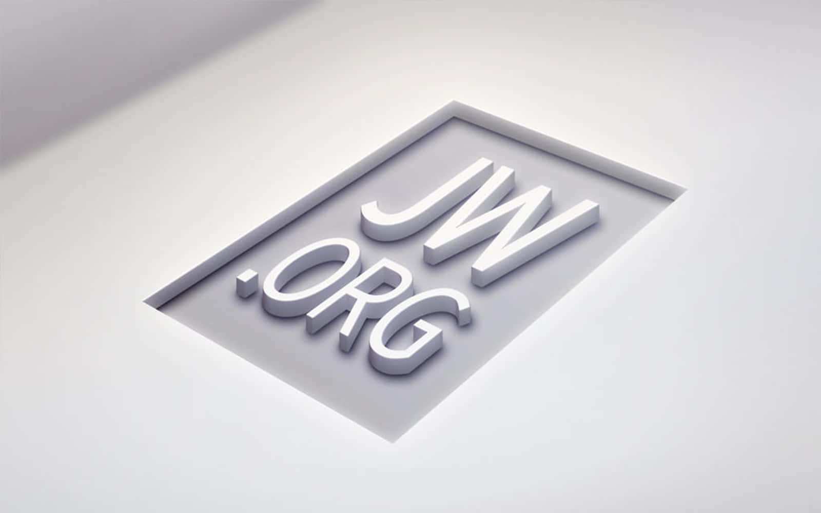 3D浮雕JWorg標誌 壁紙 — 白色JW.ORG標誌字母以極簡3D渲染，嵌入光滑淺灰色表面，帶有柔和陰影。