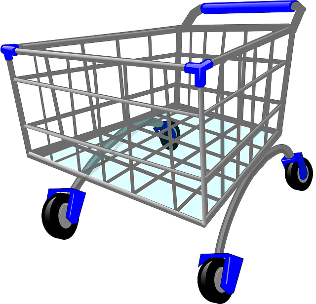 3D渲染購物車 壁紙 — 一架時尚的銀色購物車，帶有藍色點綴和黑色輪子，空置在純白色背景上。