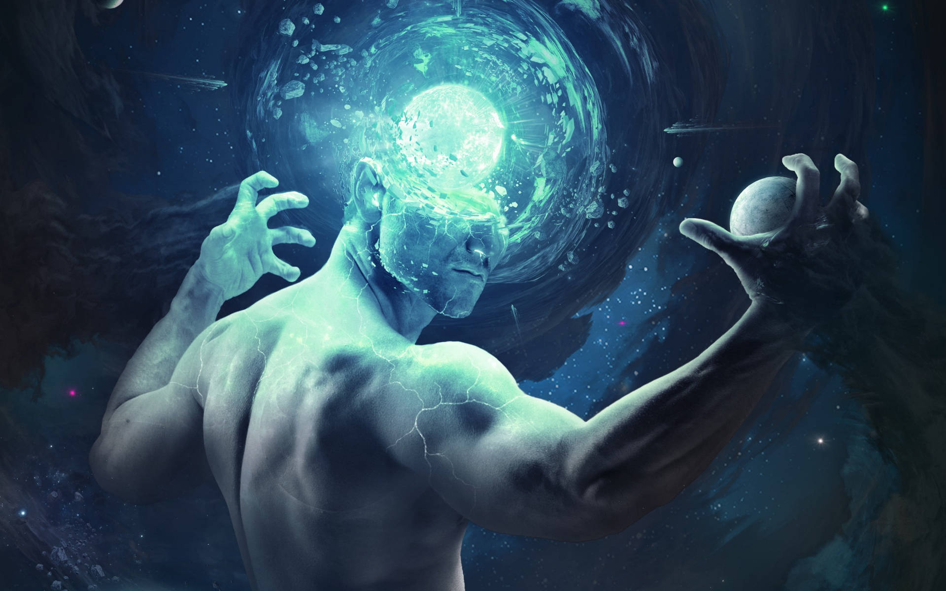 一個在太空中發光的男人，手持球體，頭部有能量旋轉。