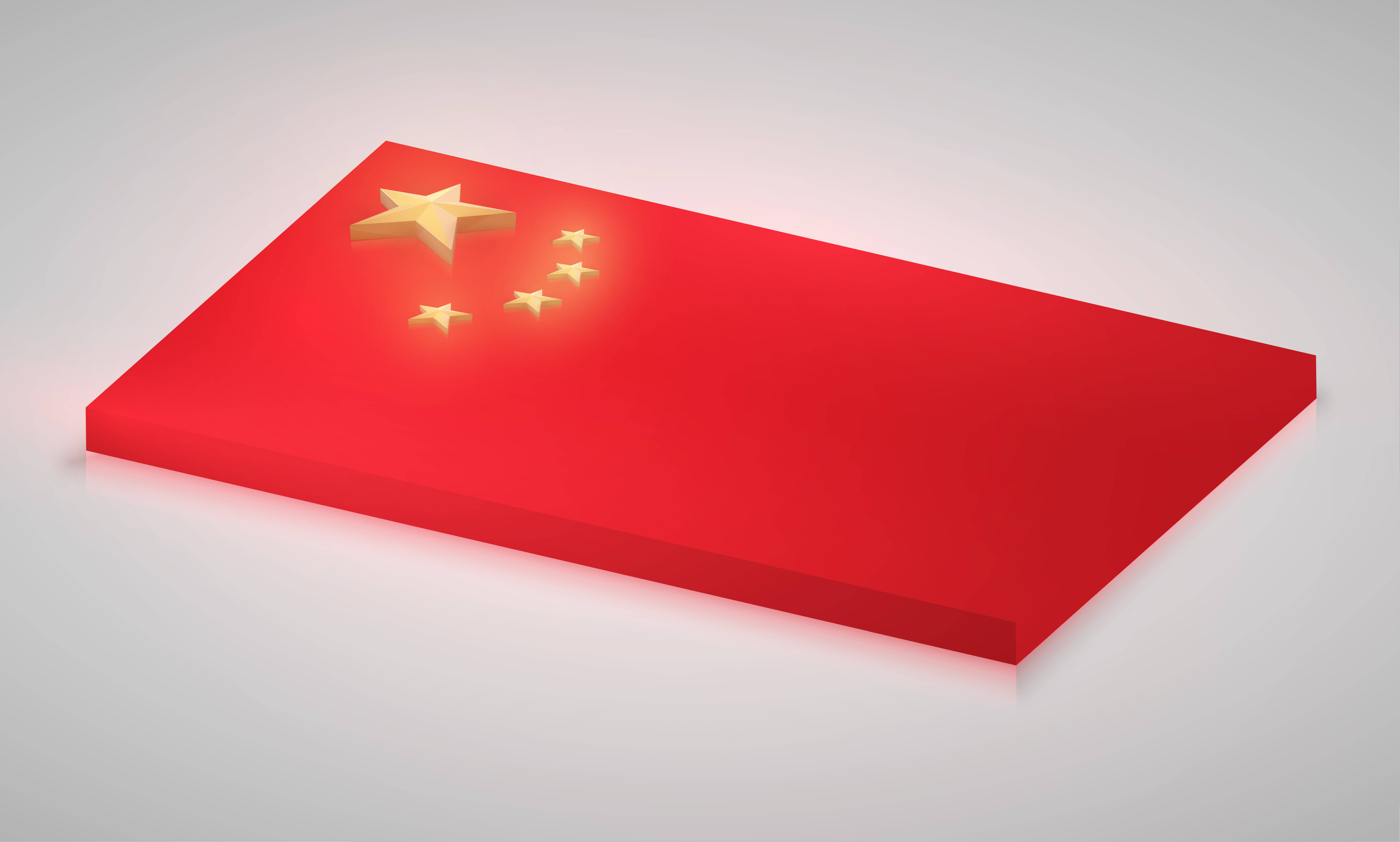 3D發光中國國旗 壁紙 — 一個3D渲染的中國國旗，在紅色長方形塊上有金色星星，背景為中性灰色。