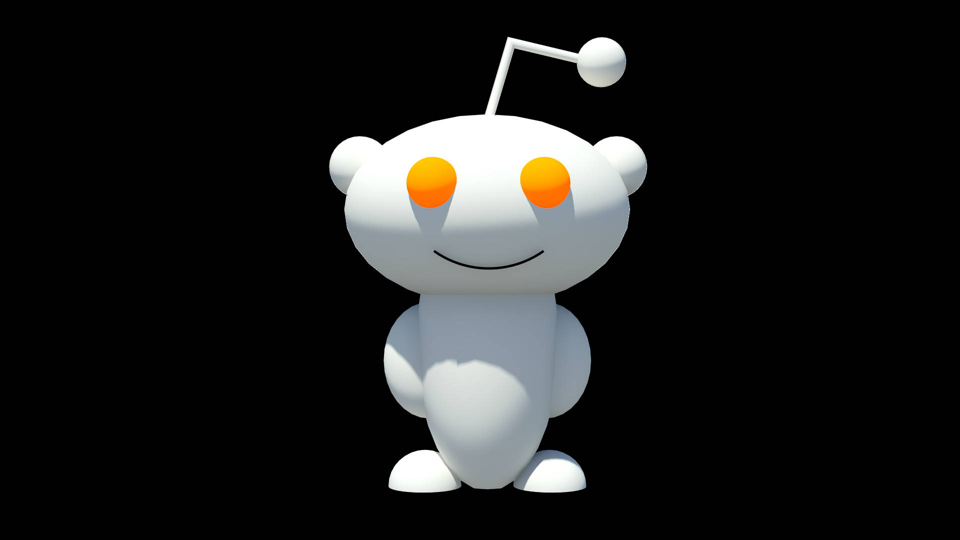 白色卡通外星人吉祥物，有橙色眼睛和天線，在黑色背景上。