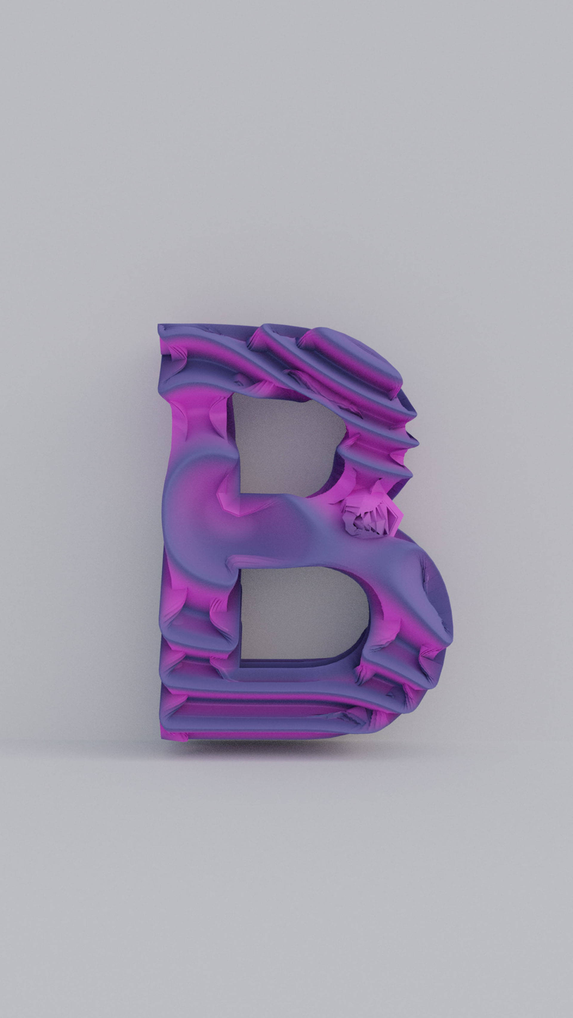 3D紫色字母B 壁紙 — 一個風格化的3D字母B，帶有流動的紫色和洋紅色漸變，背景為純灰色。