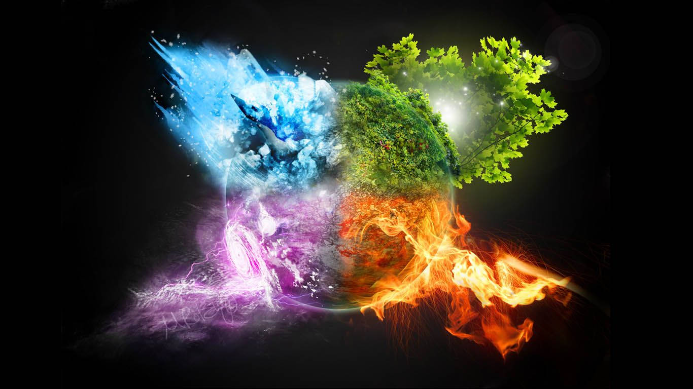 3D藝術中的壯麗土元素 壁紙 — 一個發光的球體分成四個元素半部：冰、水、閃電、土、火和植物生命，背景為深色。