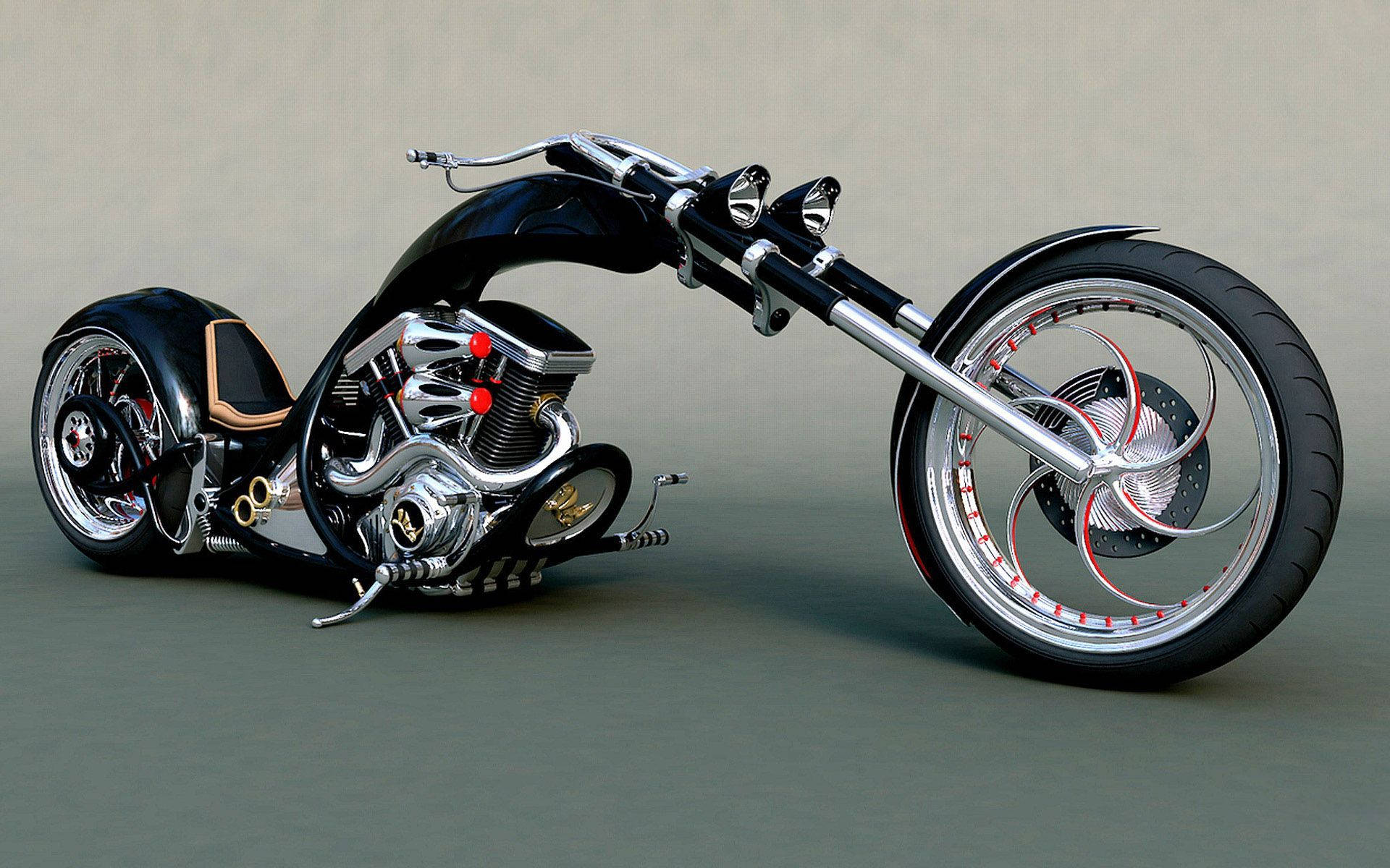3D藝術哈雷摩托車 壁紙 — 一架時尚嘅定制chopper電單車，帶有鉻合金裝飾同紅色細節，放置喺中性嘅工作室地板上。