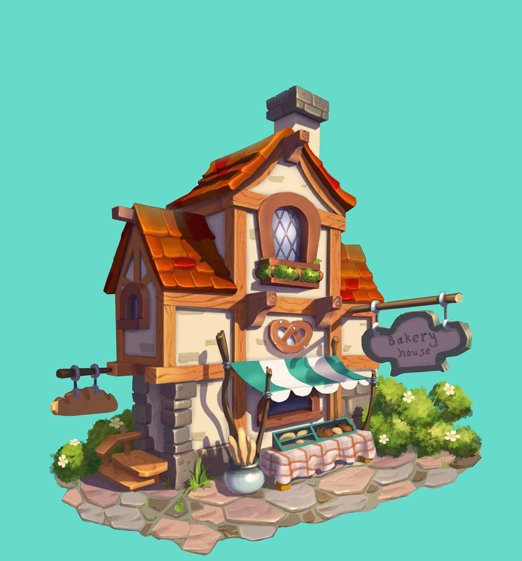 3D藝術烘焙店 壁紙 — 一間迷人的卡通麵包店，擁有瓦片屋頂和遮陽篷，在青綠色背景上展示新鮮麵包。
